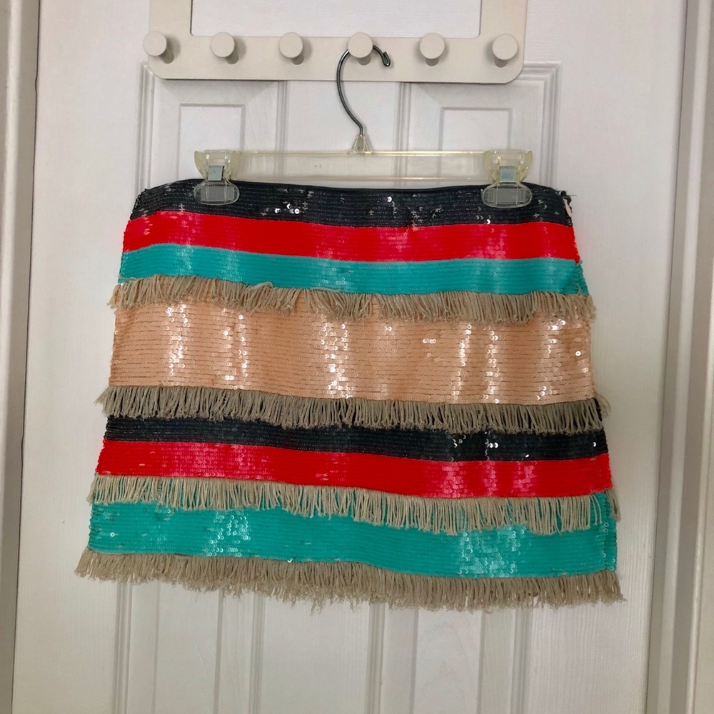 Zara Sequin Bubble Gum Sequin Fringe Skirt Size L